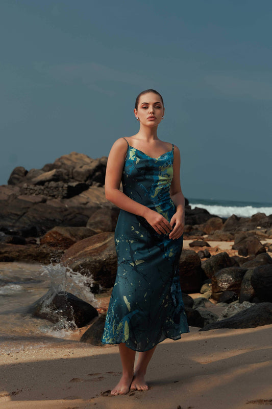 Lagoon Glow Cowl Neck Dress