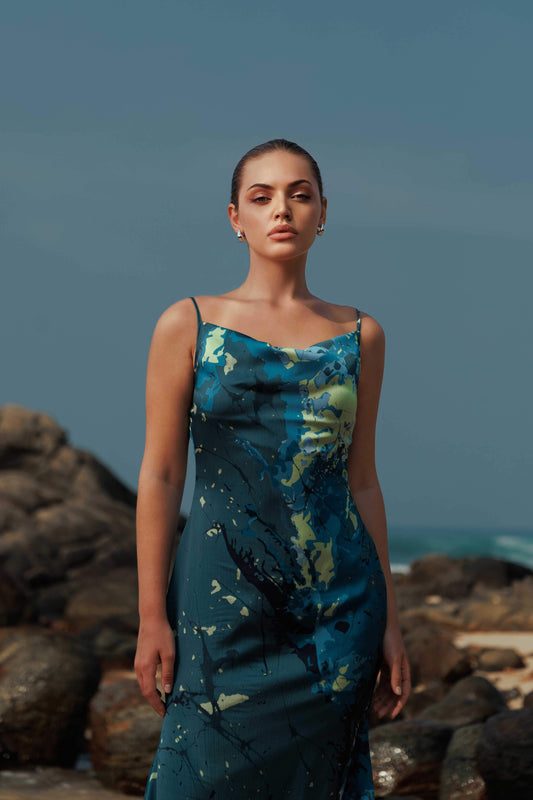 Lagoon Glow Cowl Neck Dress