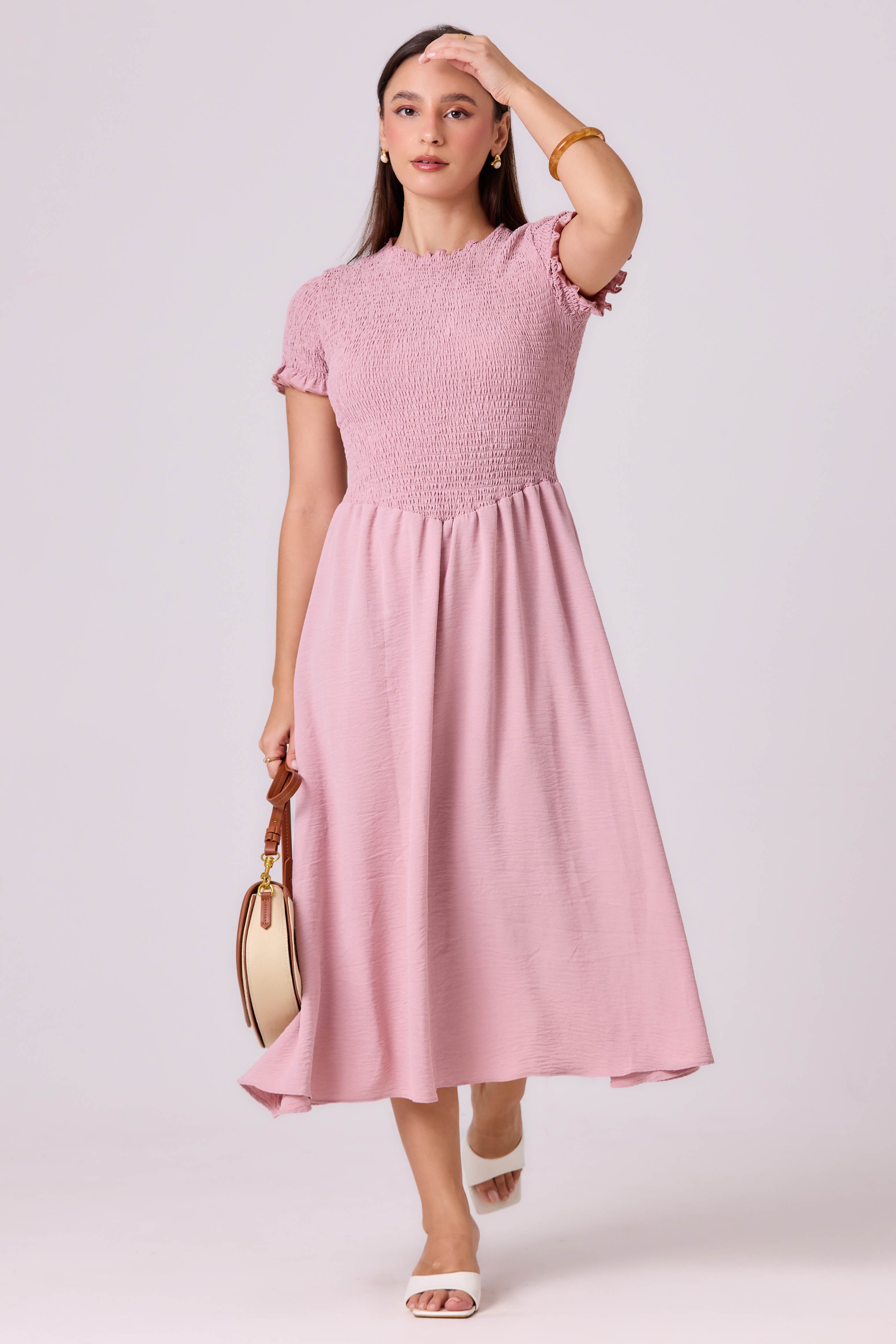 evelina midi dress EVELINA Micro Button Detail Fluted Sleeve Midi Dress In Powder Blue