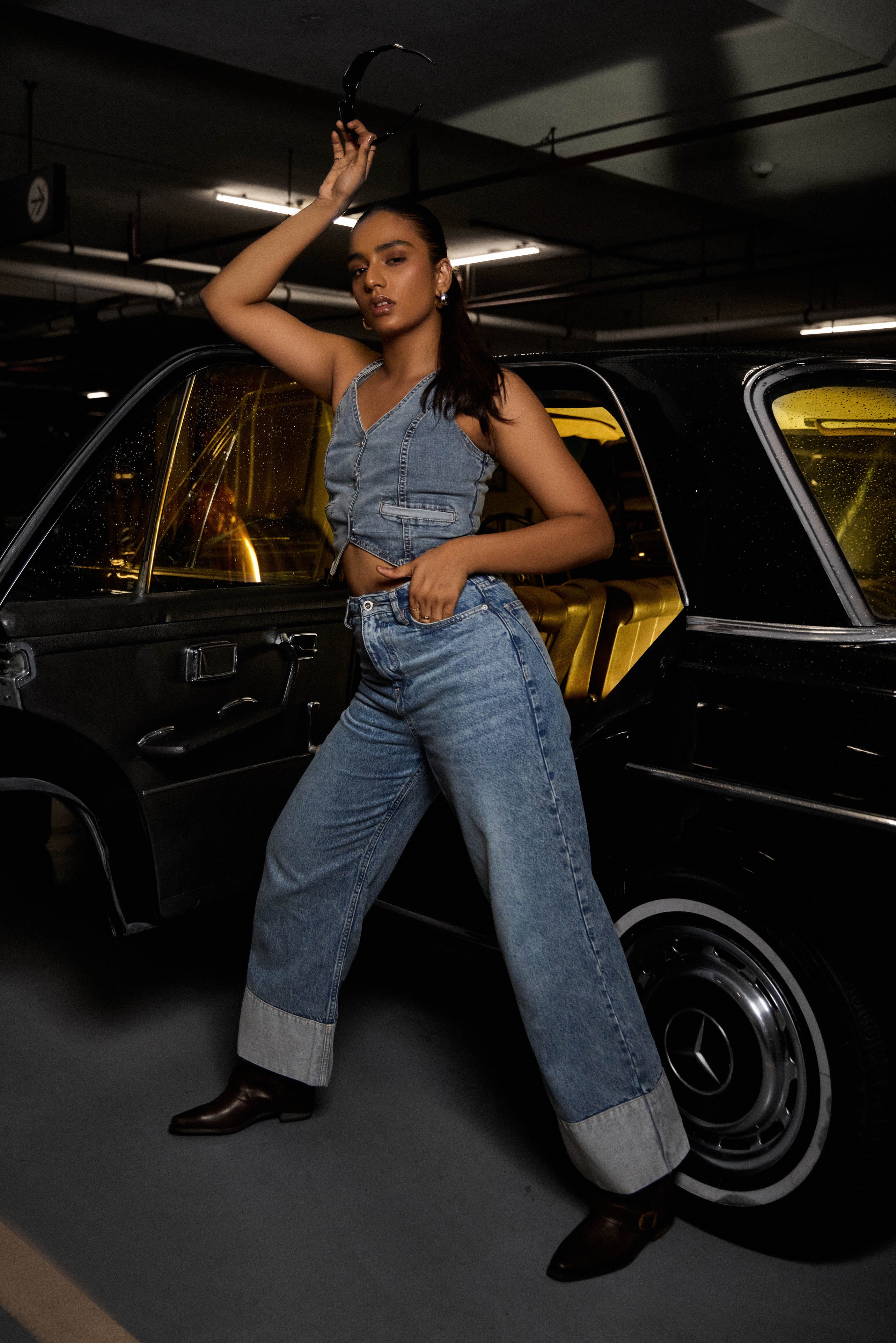 Contour Stitch Cropped Denim Top