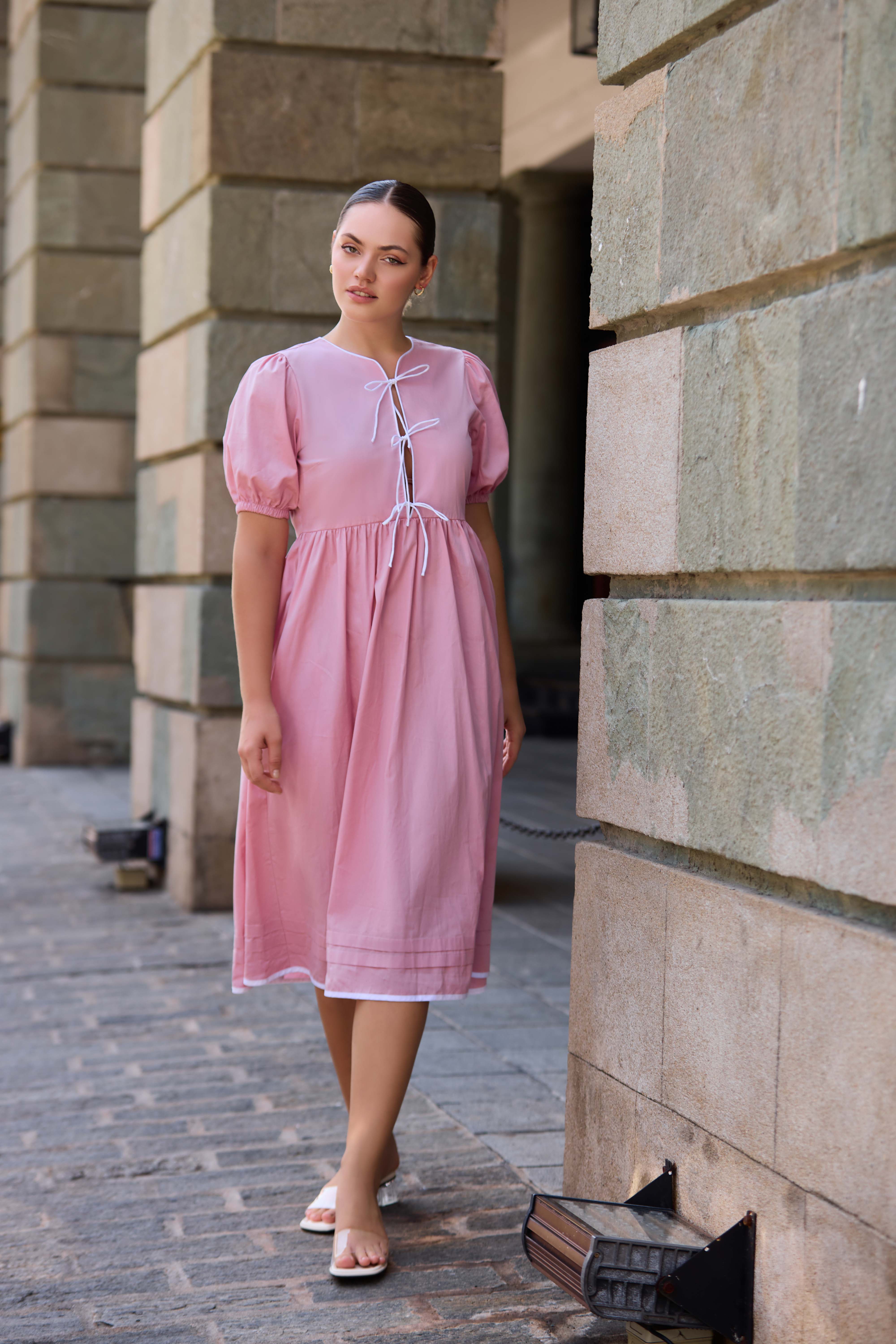 The Blush Ribbon Tie Midi Dress