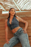 Single breasted sleeveless denim jacket coat