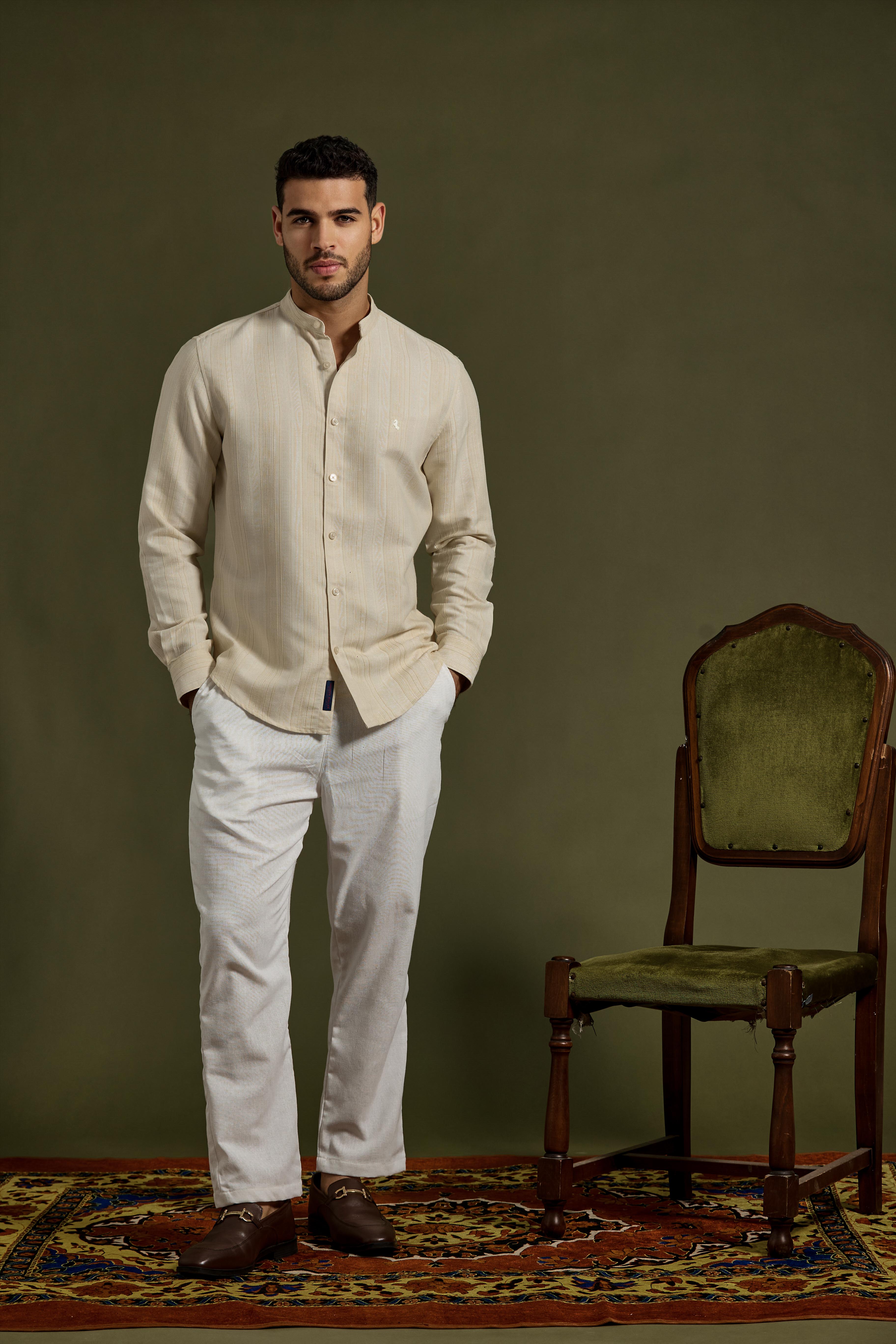 Linea Texture Band-Collar Shirt