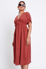 Tori Shirring V Neck Midi Dress